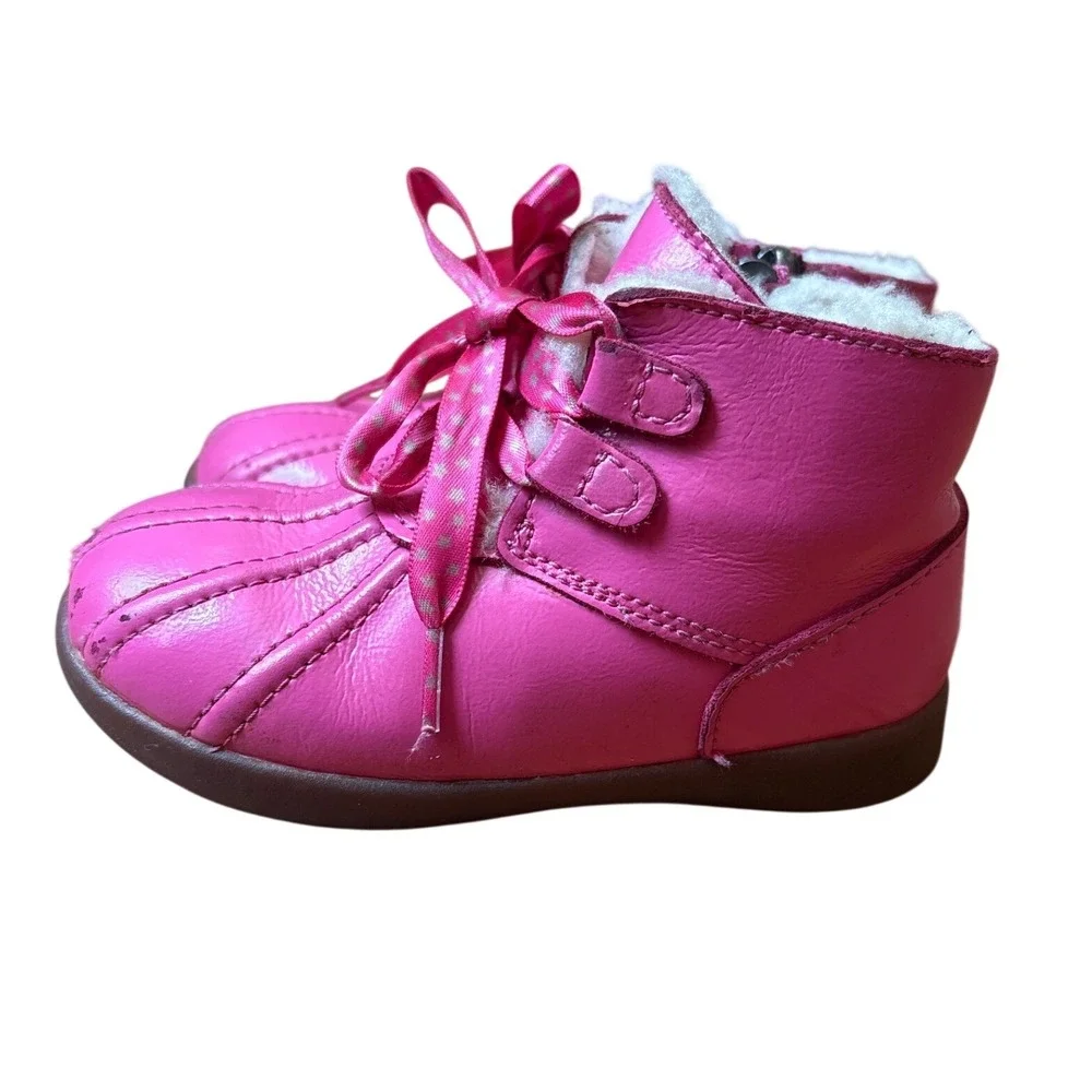 UGG Duck Boots‎ Kids Pink Leather Faux Shearling Zip Ribbon Lace SIZE 7